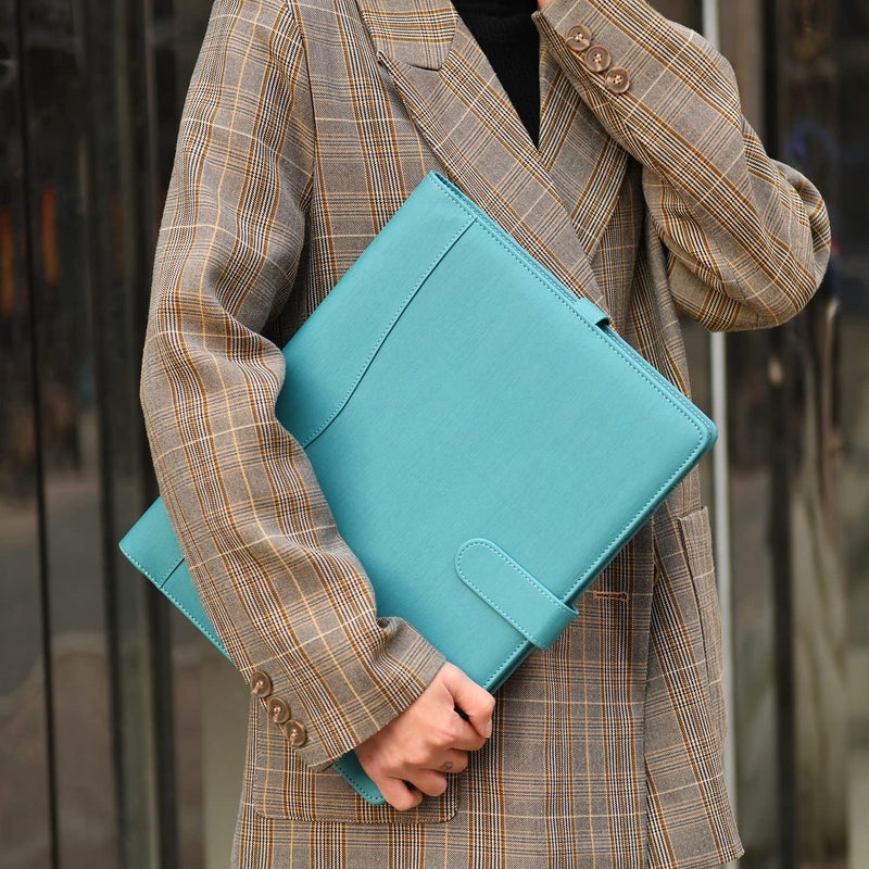 WONDERPOOL A4 PU Leather Portfolio Holder Ring File Document Case with Removable Binder Clipboard, Multi Pocket and Legal Pad for Business Organizer Interview and Meeting (Cyan) - Image 2